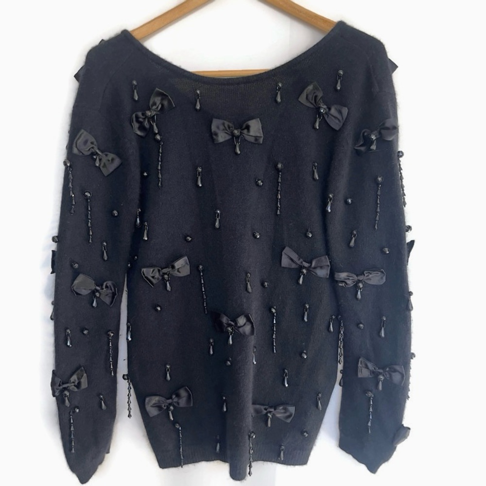 Vintage 80s Outlander Elegant Angora, Lambswool Bow Beaded Statement Sweater